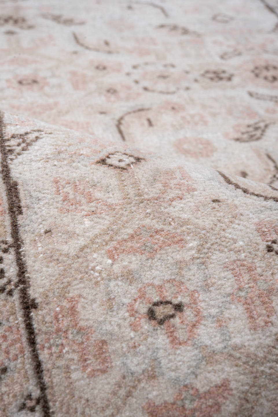 2' x 11' one-of-a-kind handmade vintage Indosaraban runner rug. Color palette: ivory, blush, taupe, charcoal, rose, beige