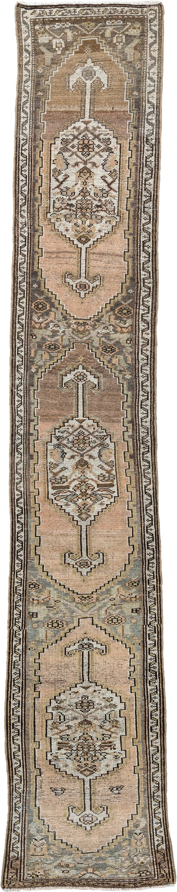 12' x 2' one-of-a-kind handmade antique Hamadan rug. Color palette: taupe, ivory, blue gray, brown, camel, charcoal, beige
