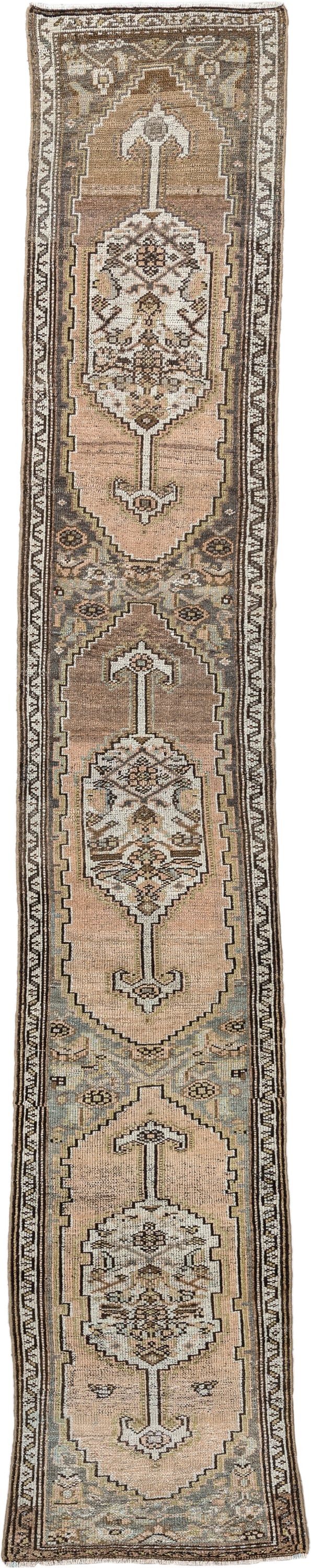 12' x 2' one-of-a-kind handmade antique Hamadan rug. Color palette: taupe, ivory, blue gray, brown, camel, charcoal, beige