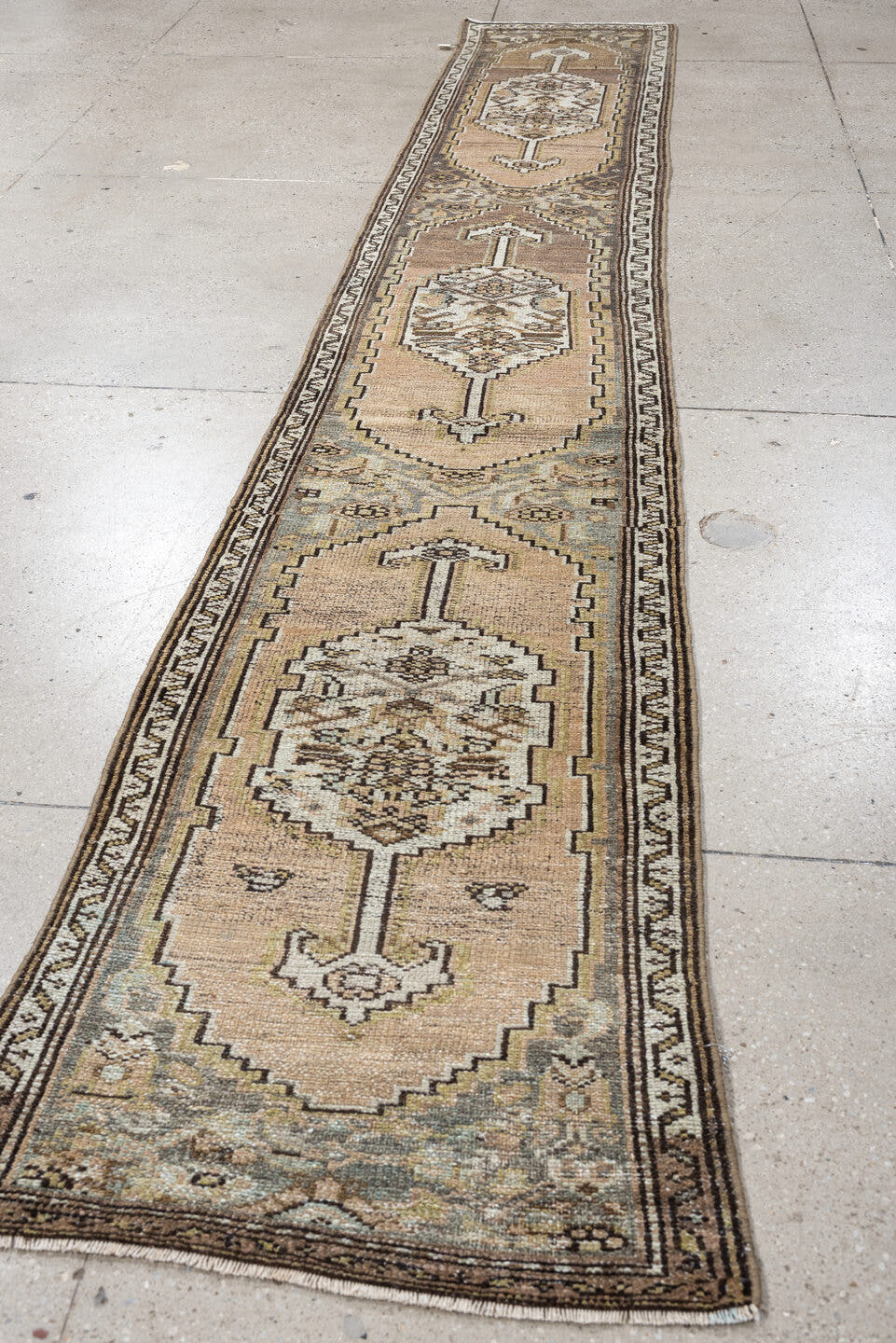 12' x 2' one-of-a-kind handmade antique Hamadan rug. Color palette: taupe, ivory, blue gray, brown, camel, charcoal, beige
