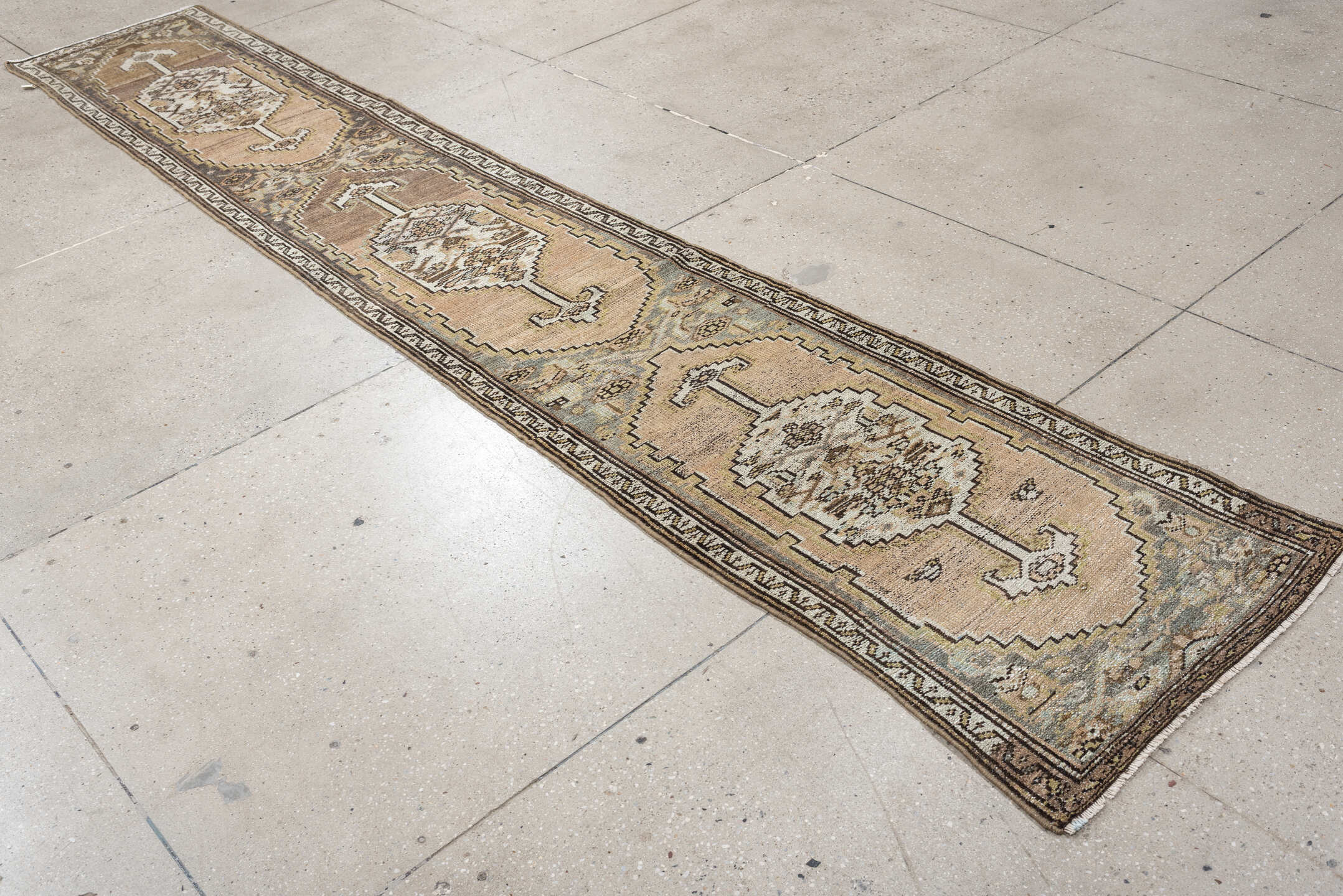 12' x 2' one-of-a-kind handmade antique Hamadan rug. Color palette: taupe, ivory, blue gray, brown, camel, charcoal, beige