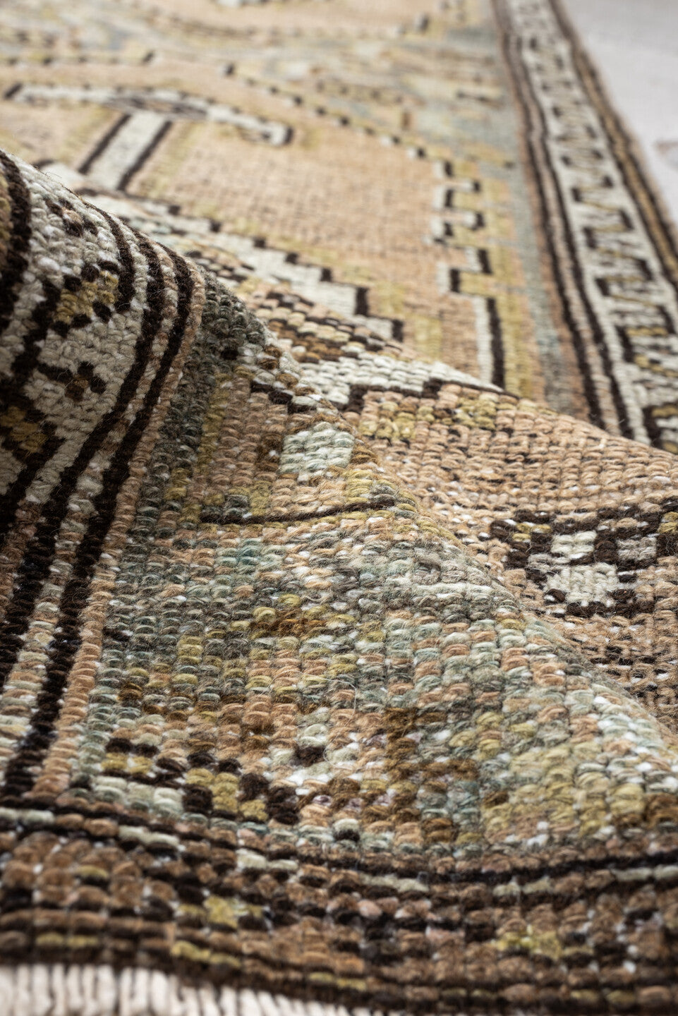 12' x 2' one-of-a-kind handmade antique Hamadan rug. Color palette: taupe, ivory, blue gray, brown, camel, charcoal, beige