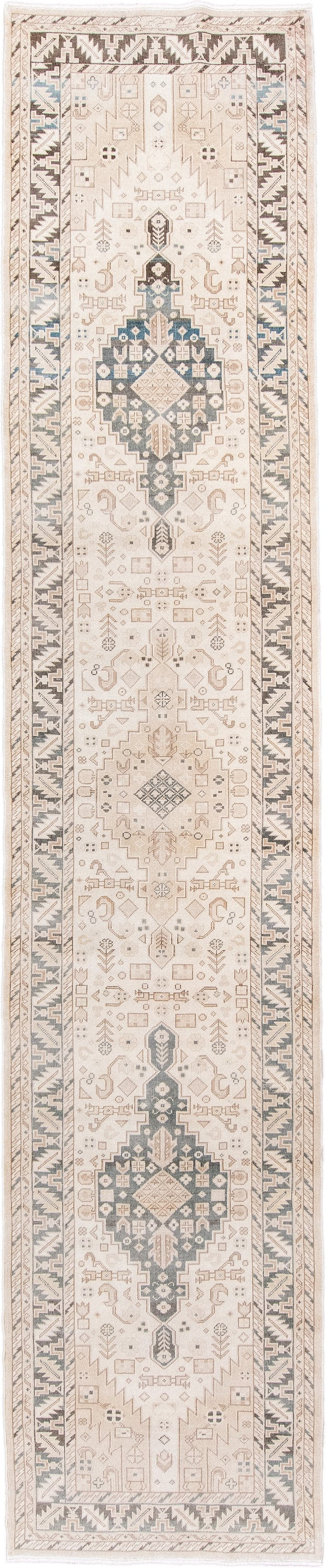 2' x 13' one-of-a-kind handmade antique Sivas runner rug. Color palette: ivory, taupe, pale blue, charcoal, beige, gray