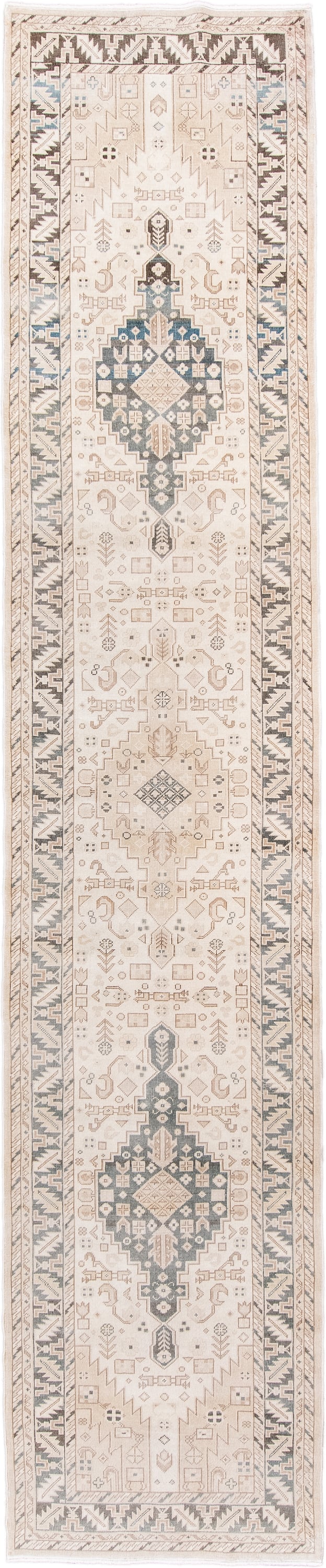2' x 13' one-of-a-kind handmade antique Sivas runner rug. Color palette: ivory, taupe, pale blue, charcoal, beige, gray