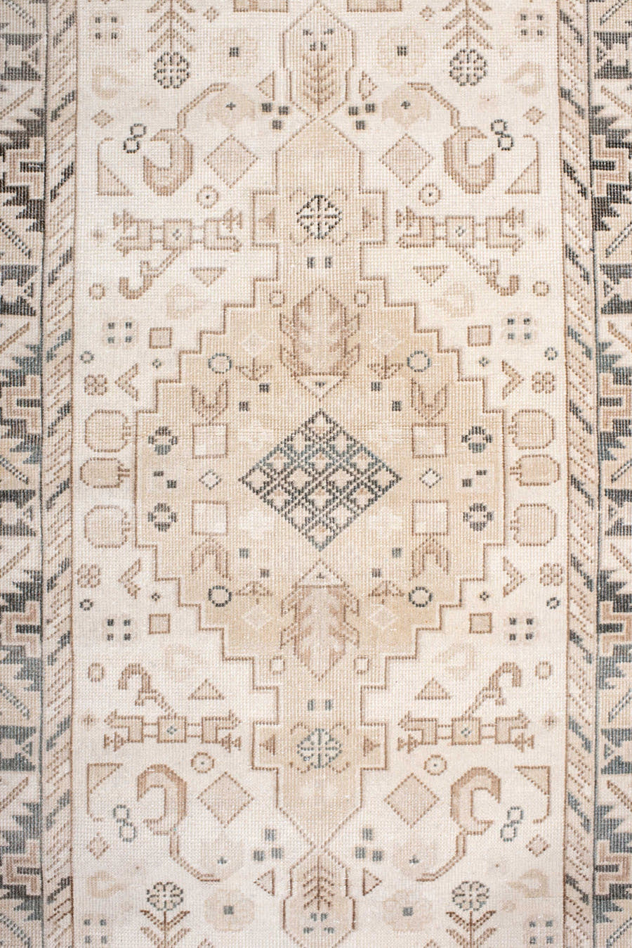2' x 13' one-of-a-kind handmade antique Sivas runner rug. Color palette: ivory, taupe, pale blue, charcoal, beige, gray
