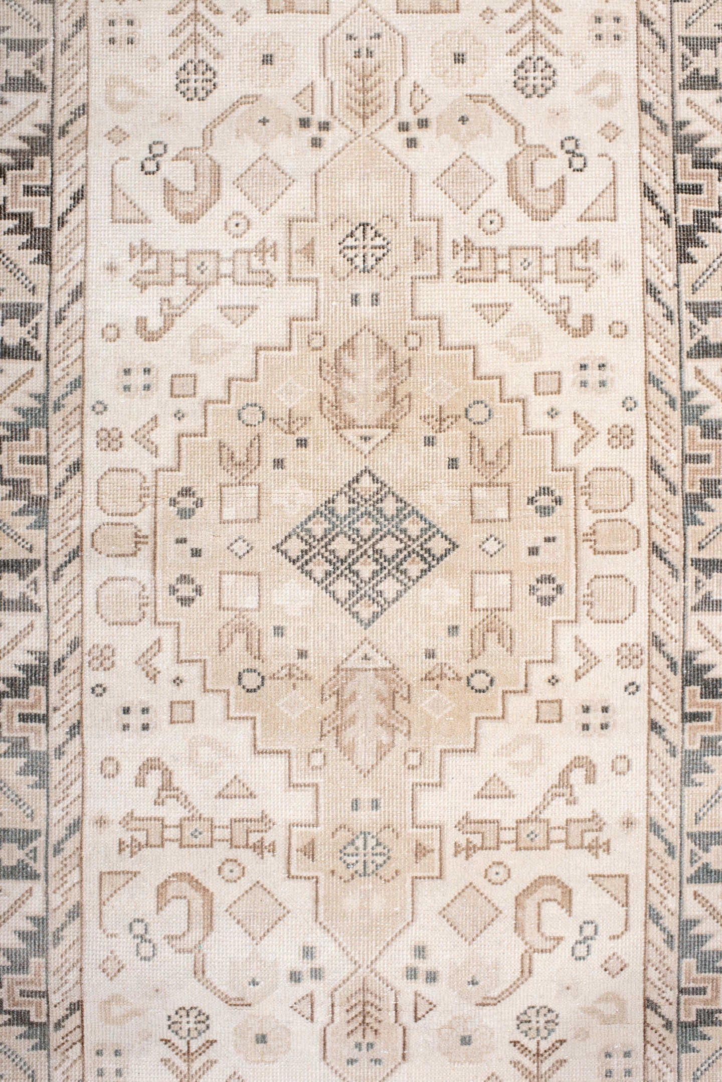 2' x 13' one-of-a-kind handmade antique Sivas runner rug. Color palette: ivory, taupe, pale blue, charcoal, beige, gray