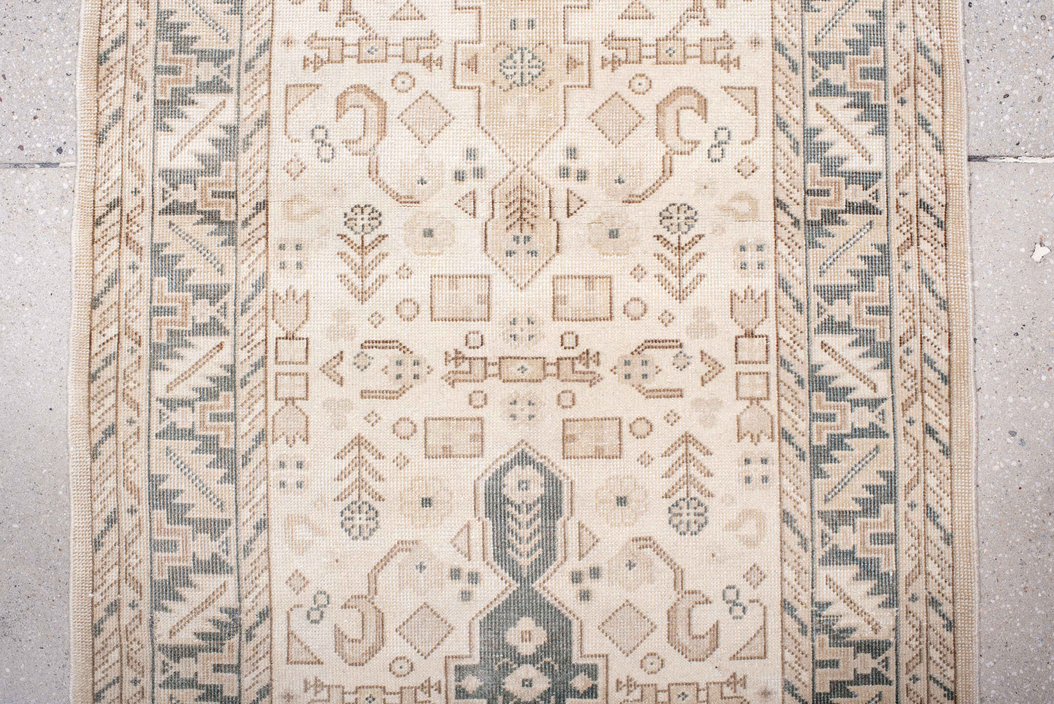 2' x 13' one-of-a-kind handmade antique Sivas runner rug. Color palette: ivory, taupe, pale blue, charcoal, beige, gray
