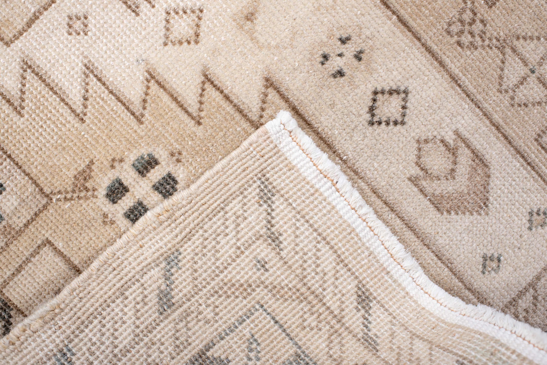 2' x 13' one-of-a-kind handmade antique Sivas runner rug. Color palette: ivory, taupe, pale blue, charcoal, beige, gray