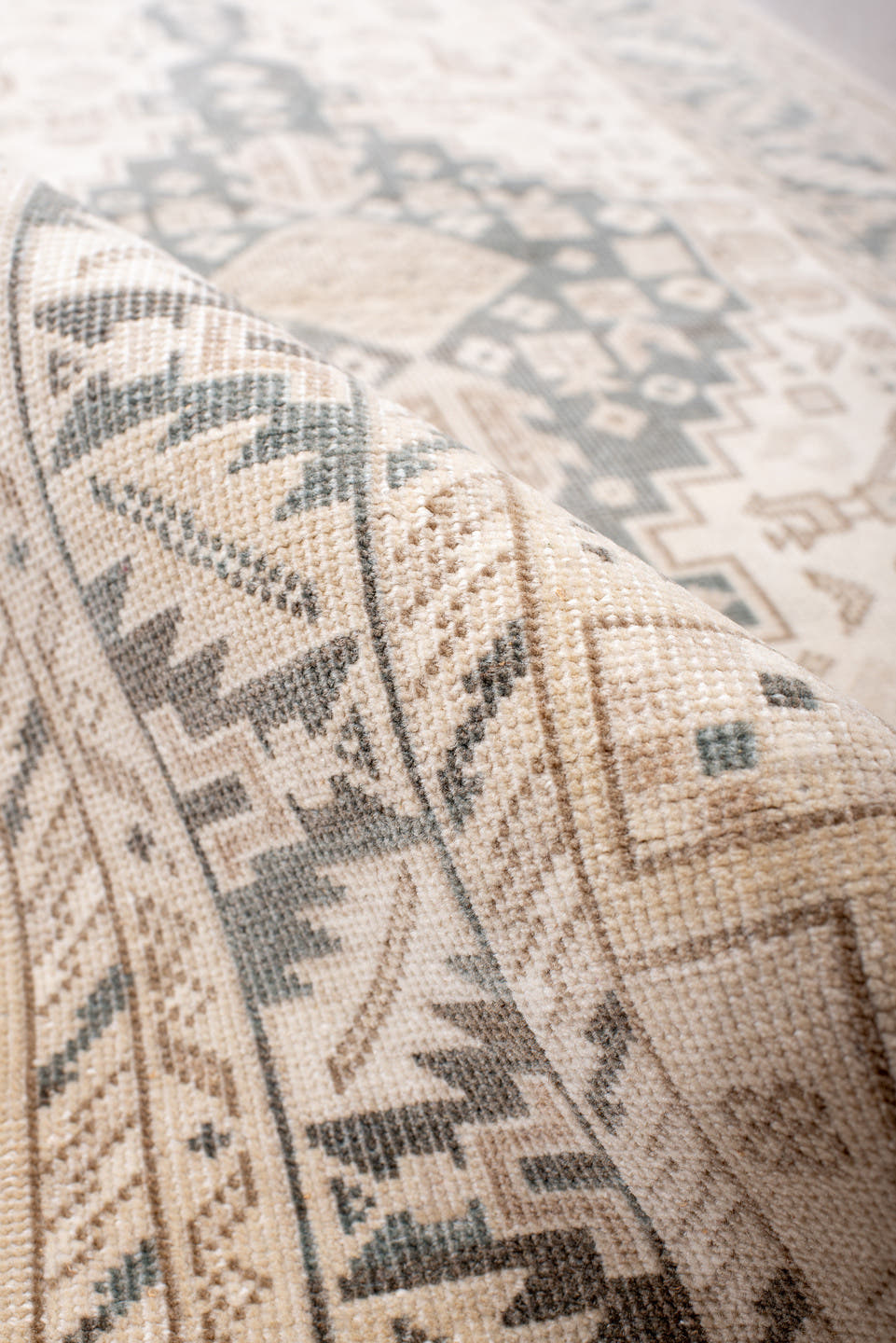 2' x 13' one-of-a-kind handmade antique Sivas runner rug. Color palette: ivory, taupe, pale blue, charcoal, beige, gray