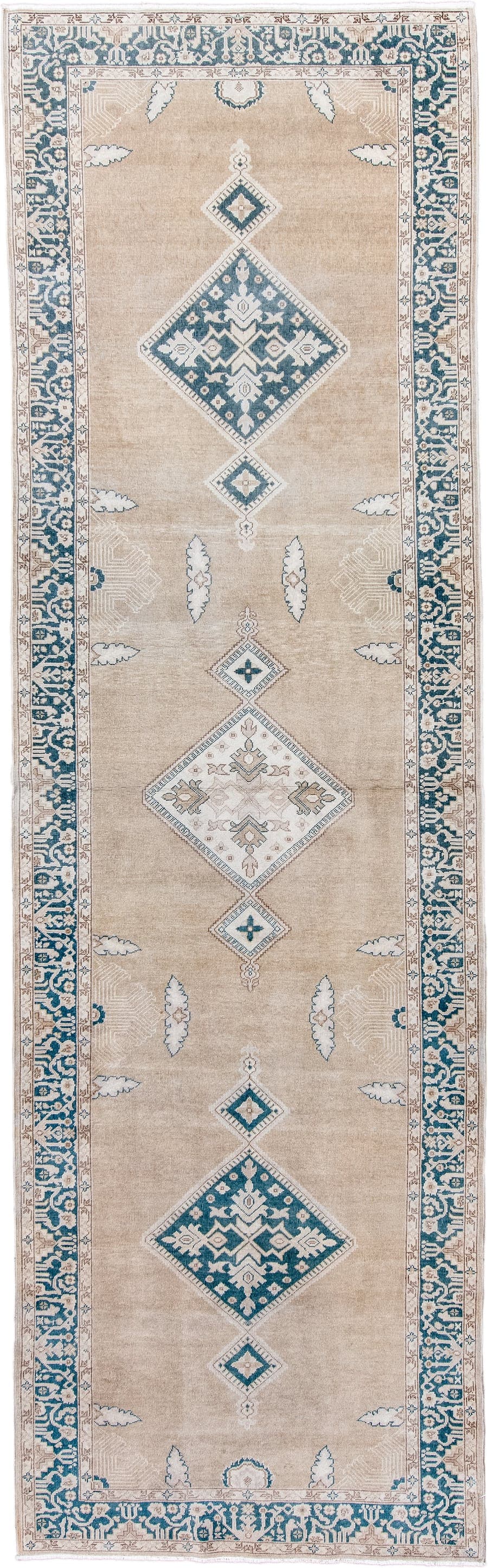 4' x 13' one-of-a-kind handmade antique Sivas runner rug. Color palette: camel, ivory, teal, beige, taupe, cream, gray