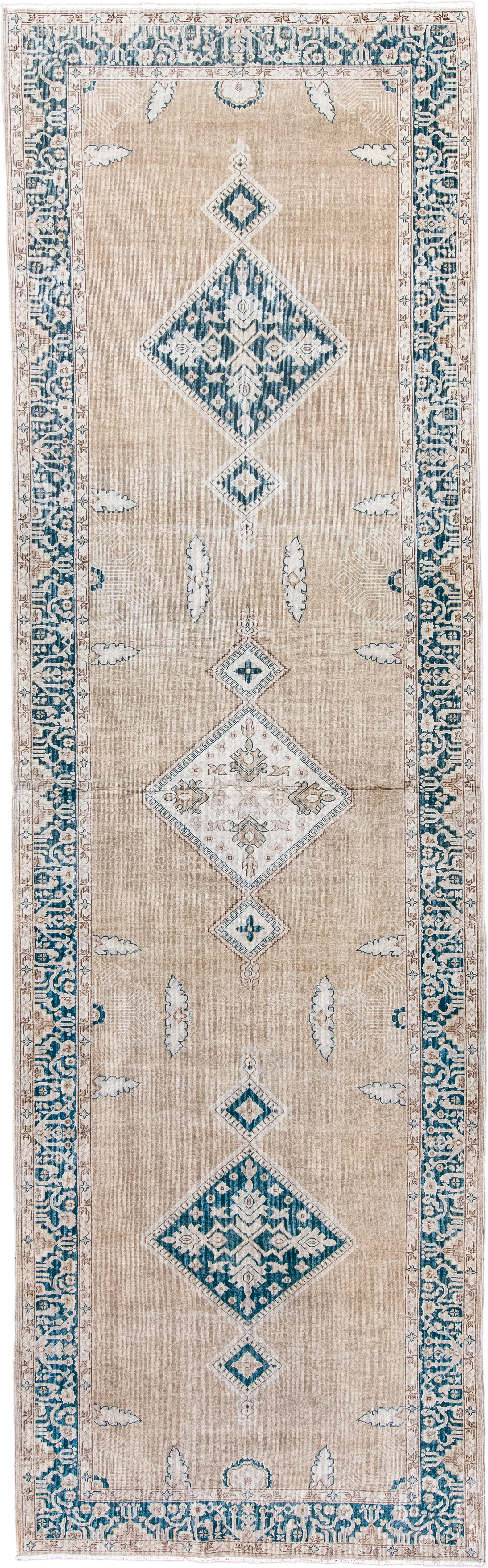 4' x 13' one-of-a-kind handmade antique Sivas runner rug. Color palette: camel, ivory, teal, beige, taupe, cream, gray