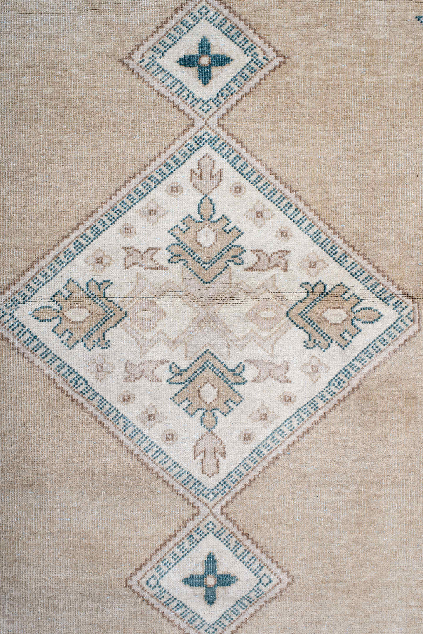 4' x 13' one-of-a-kind handmade antique Sivas runner rug. Color palette: camel, ivory, teal, beige, taupe, cream, gray