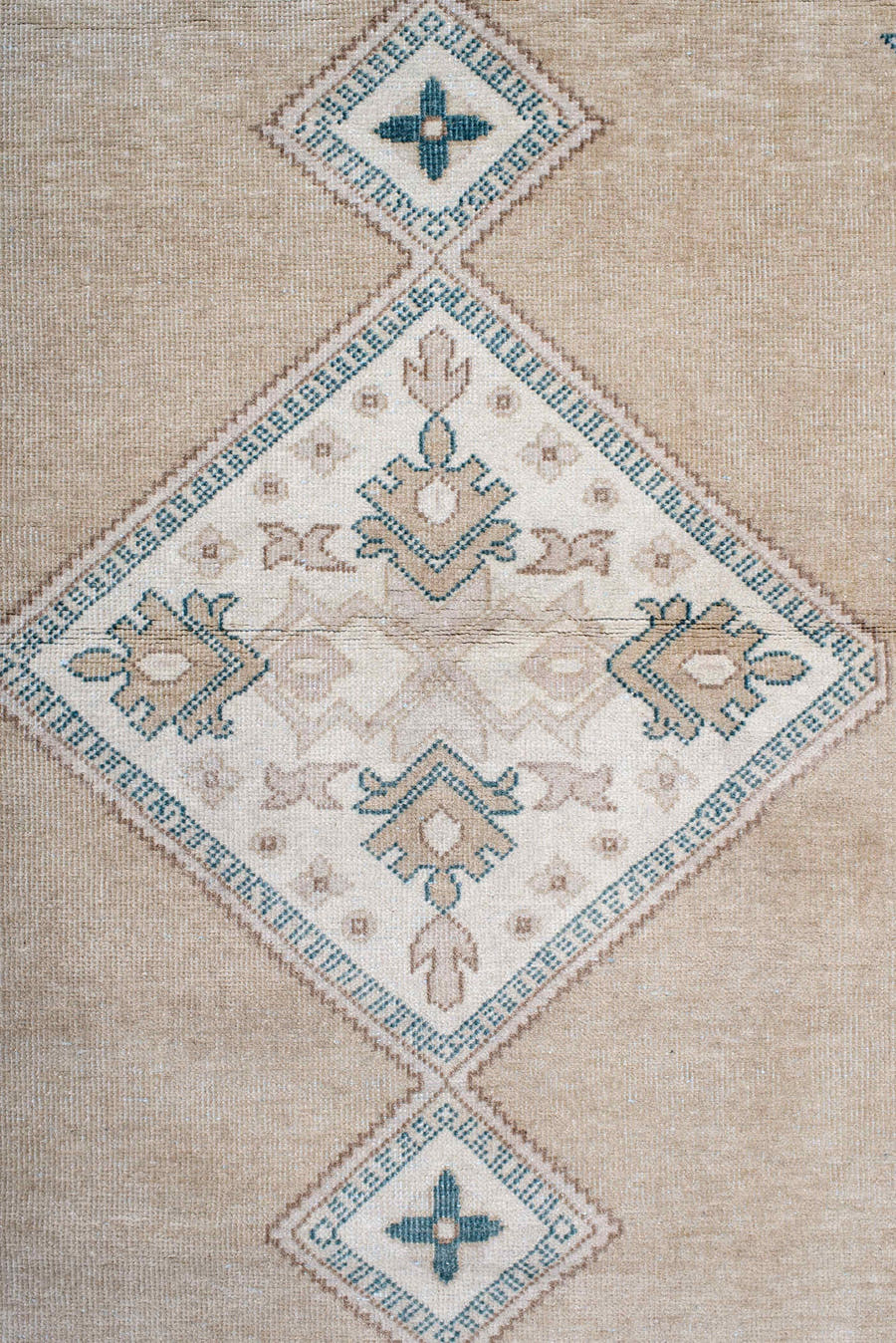 4' x 13' one-of-a-kind handmade antique Sivas runner rug. Color palette: camel, ivory, teal, beige, taupe, cream, gray