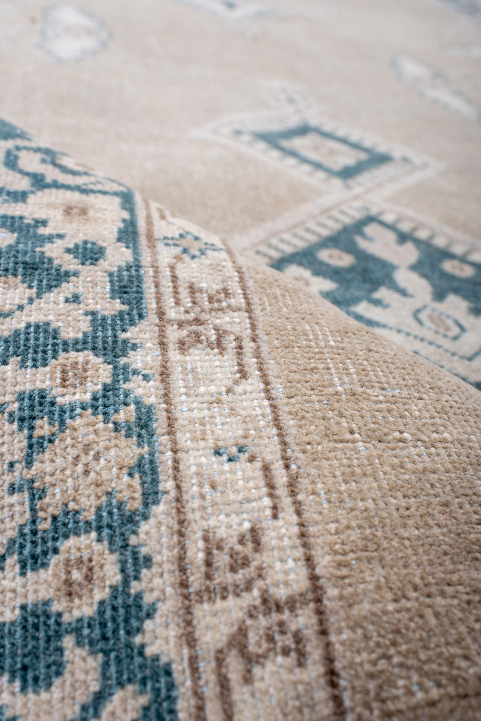 4' x 13' one-of-a-kind handmade antique Sivas runner rug. Color palette: camel, ivory, teal, beige, taupe, cream, gray