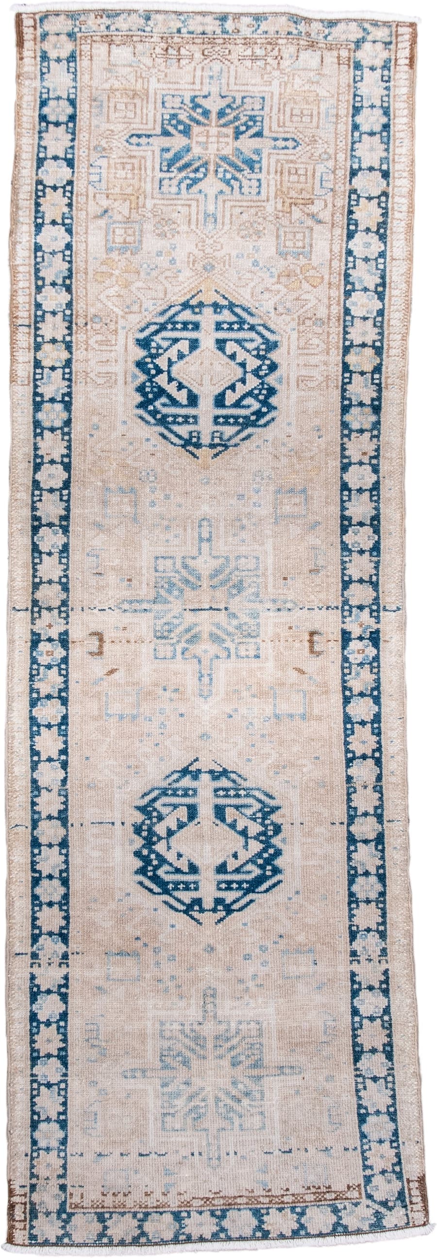 2' x 6' one-of-a-kind handmade antique Karaje runner rug. Color palette: ivory, sky blue, indigo, camel, taupe, brown