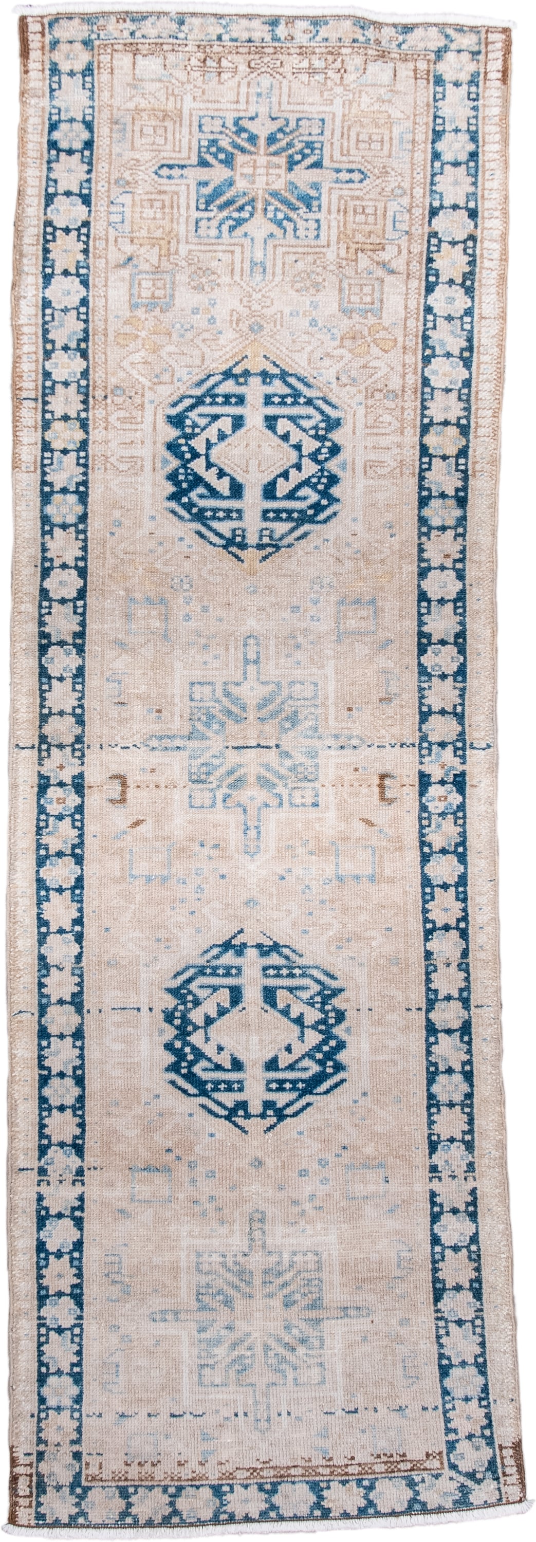 2' x 6' one-of-a-kind handmade antique Karaje runner rug. Color palette: ivory, sky blue, indigo, camel, taupe, brown