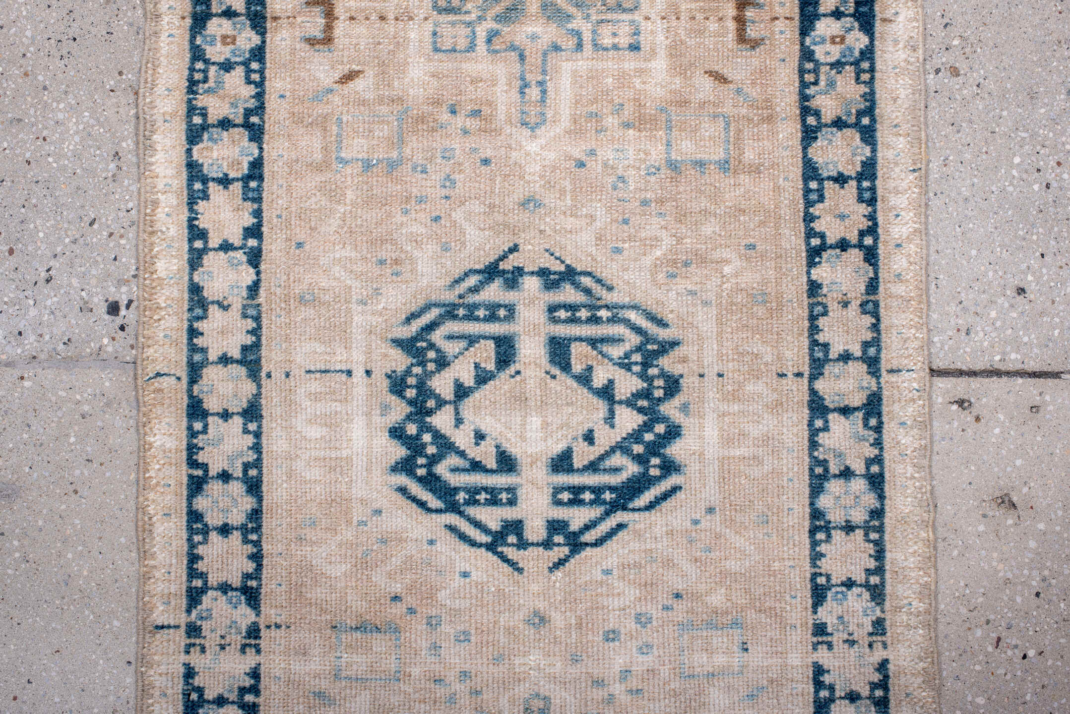 2' x 6' one-of-a-kind handmade antique Karaje runner rug. Color palette: ivory, sky blue, indigo, camel, taupe, brown