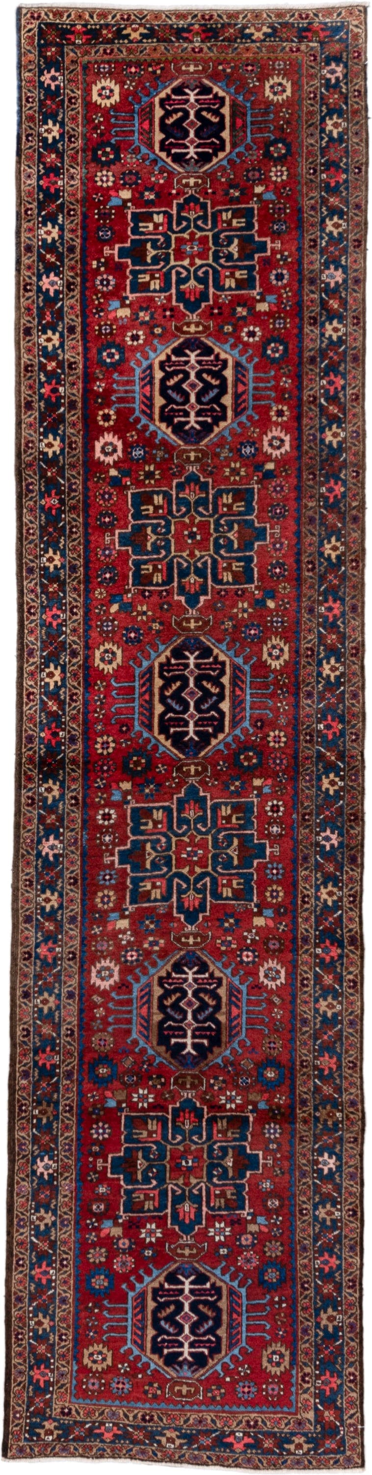 2' x 11' one-of-a-kind handmade vintage Heriz runner rug. Color palette: red, navy, ivory, sky blue, rust, camel, charcoal