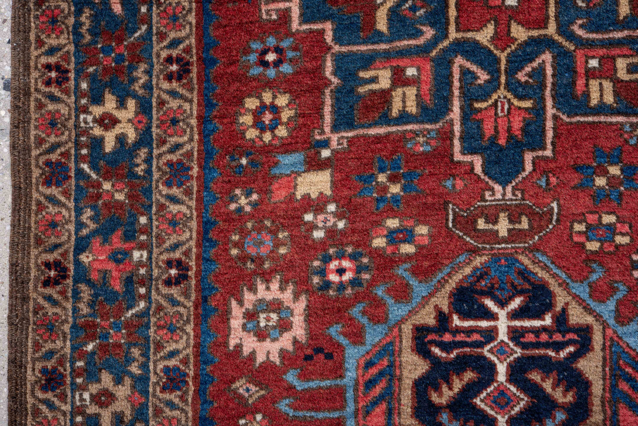2' x 11' one-of-a-kind handmade vintage Heriz runner rug. Color palette: red, navy, ivory, sky blue, rust, camel, charcoal
