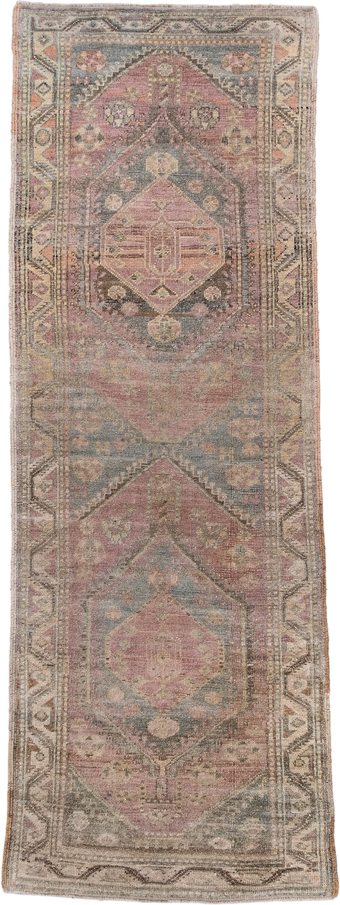 3' x 8' one-of-a-kind handmade antique NW Persian runner rug. Color palette: rose, taupe, slate blue, ivory, dusty mauve