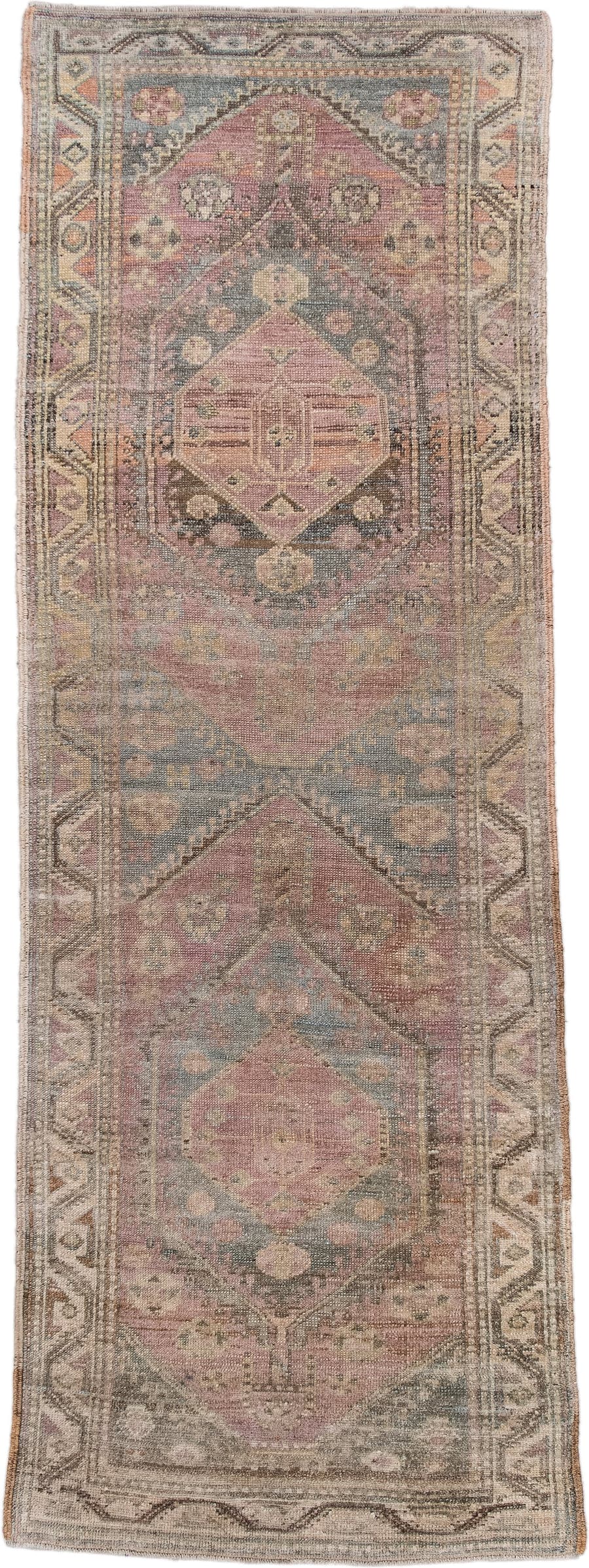 3' x 8' one-of-a-kind handmade antique NW Persian runner rug. Color palette: rose, taupe, slate blue, ivory, dusty mauve