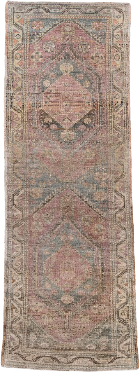 3' x 8' one-of-a-kind handmade antique NW Persian runner rug. Color palette: rose, taupe, slate blue, ivory, dusty mauve