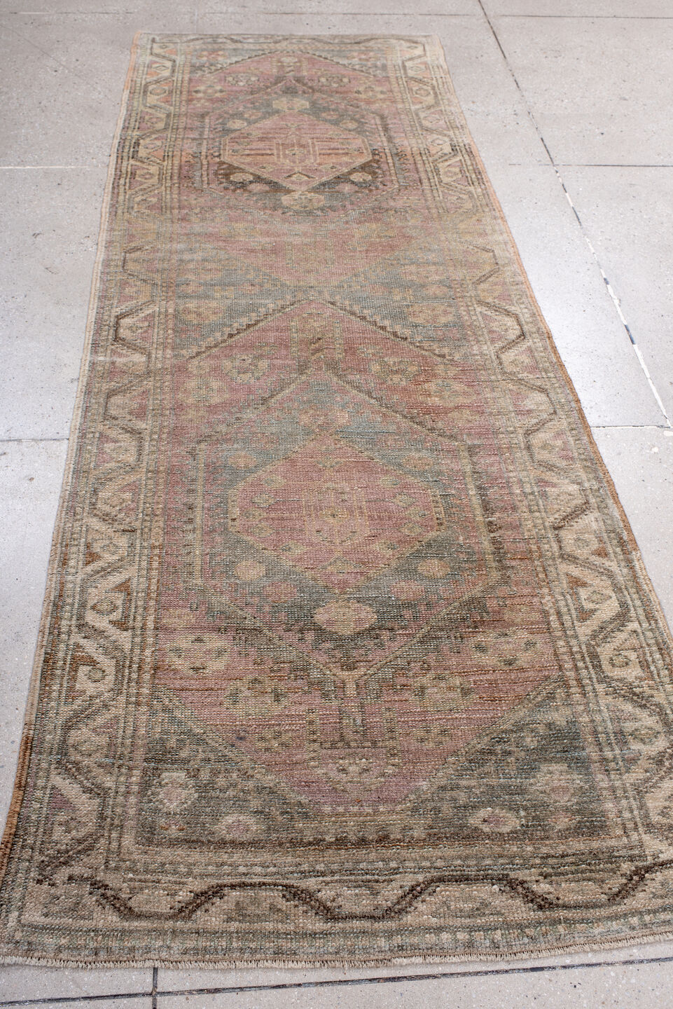 3' x 8' one-of-a-kind handmade antique NW Persian runner rug. Color palette: rose, taupe, slate blue, ivory, dusty mauve