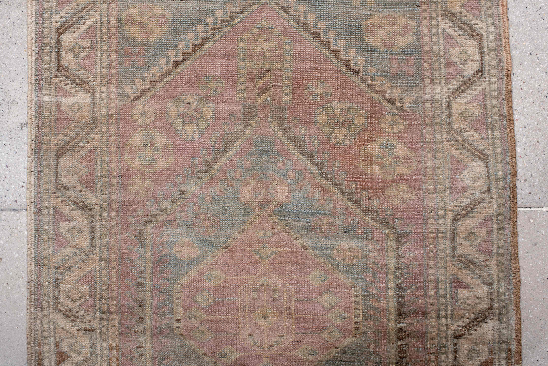 3' x 8' one-of-a-kind handmade antique NW Persian runner rug. Color palette: rose, taupe, slate blue, ivory, dusty mauve