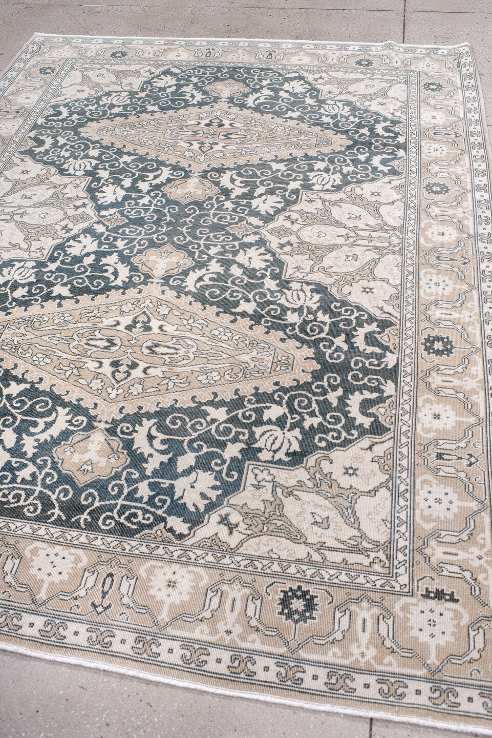 6' x 8' one-of-a-kind handmade antique Sivas medium size rug. Color palette: ivory, charcoal, blush, taupe, beige, gray