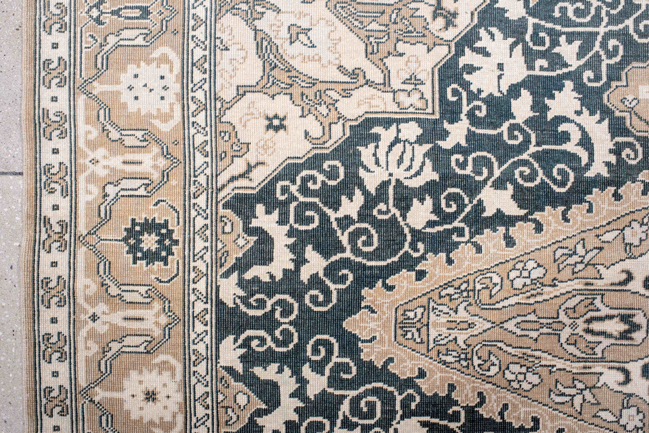6' x 8' one-of-a-kind handmade antique Sivas medium size rug. Color palette: ivory, charcoal, blush, taupe, beige, gray