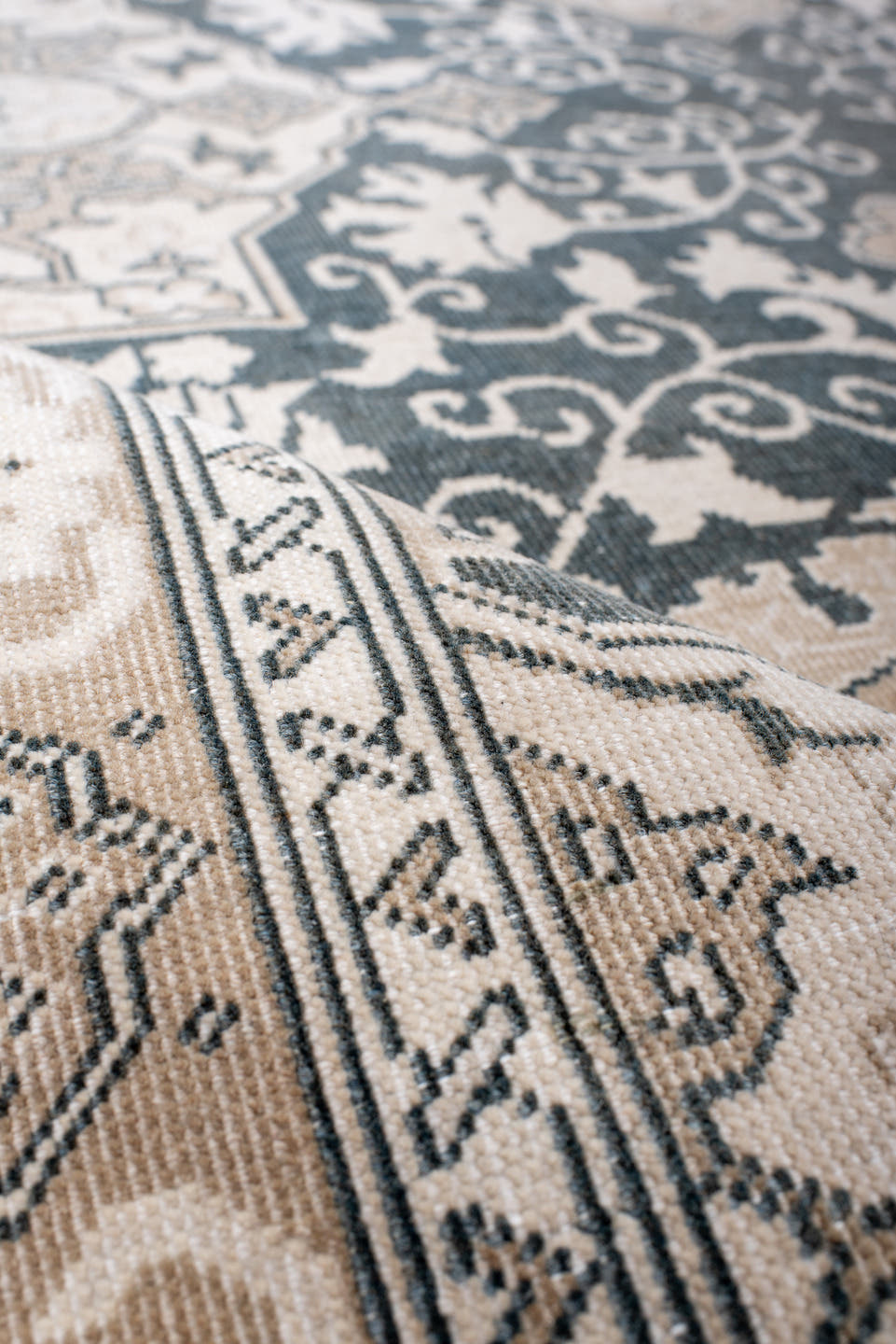 6' x 8' one-of-a-kind handmade antique Sivas medium size rug. Color palette: ivory, charcoal, blush, taupe, beige, gray