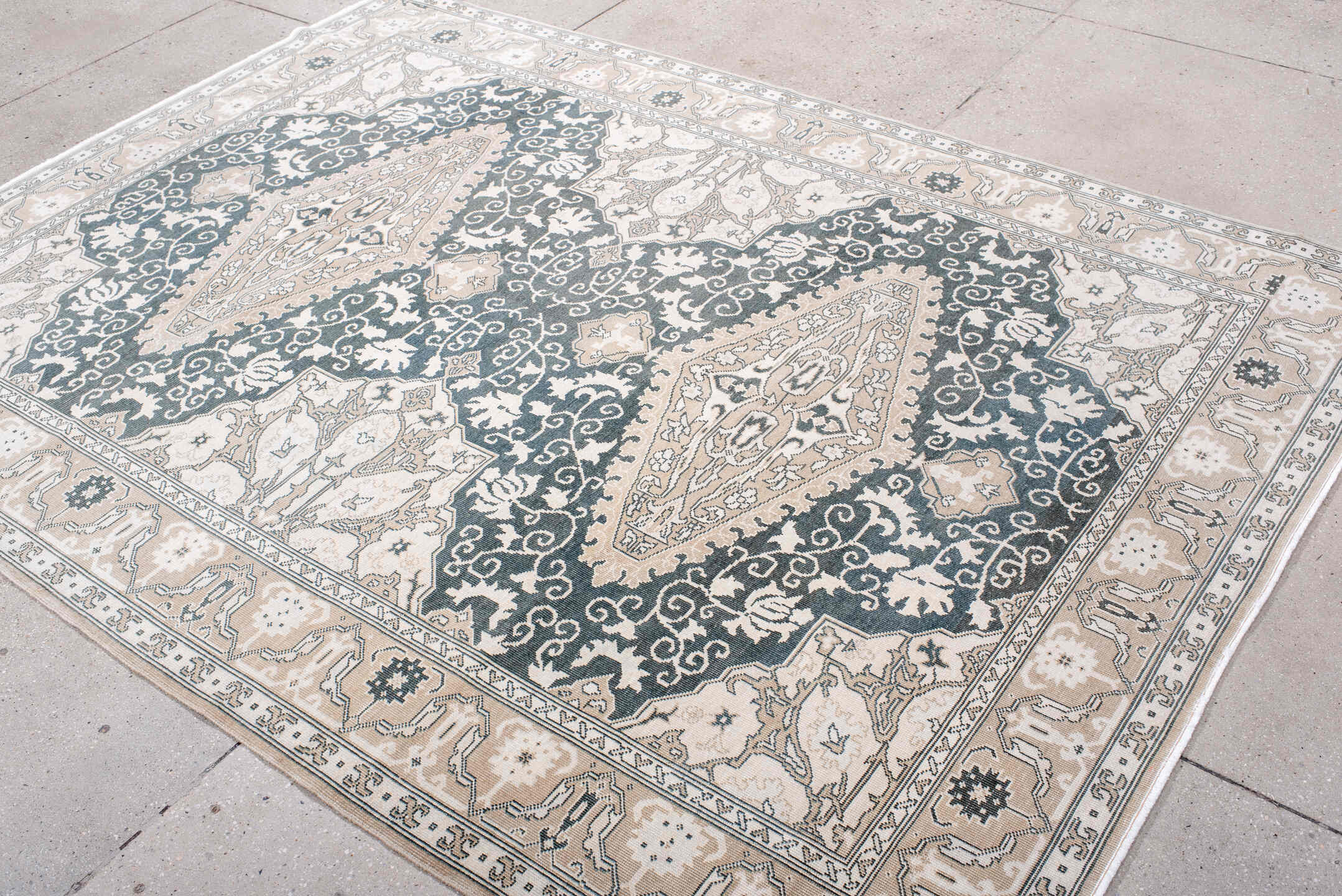 6' x 8' one-of-a-kind handmade antique Sivas medium size rug. Color palette: ivory, charcoal, blush, taupe, beige, gray