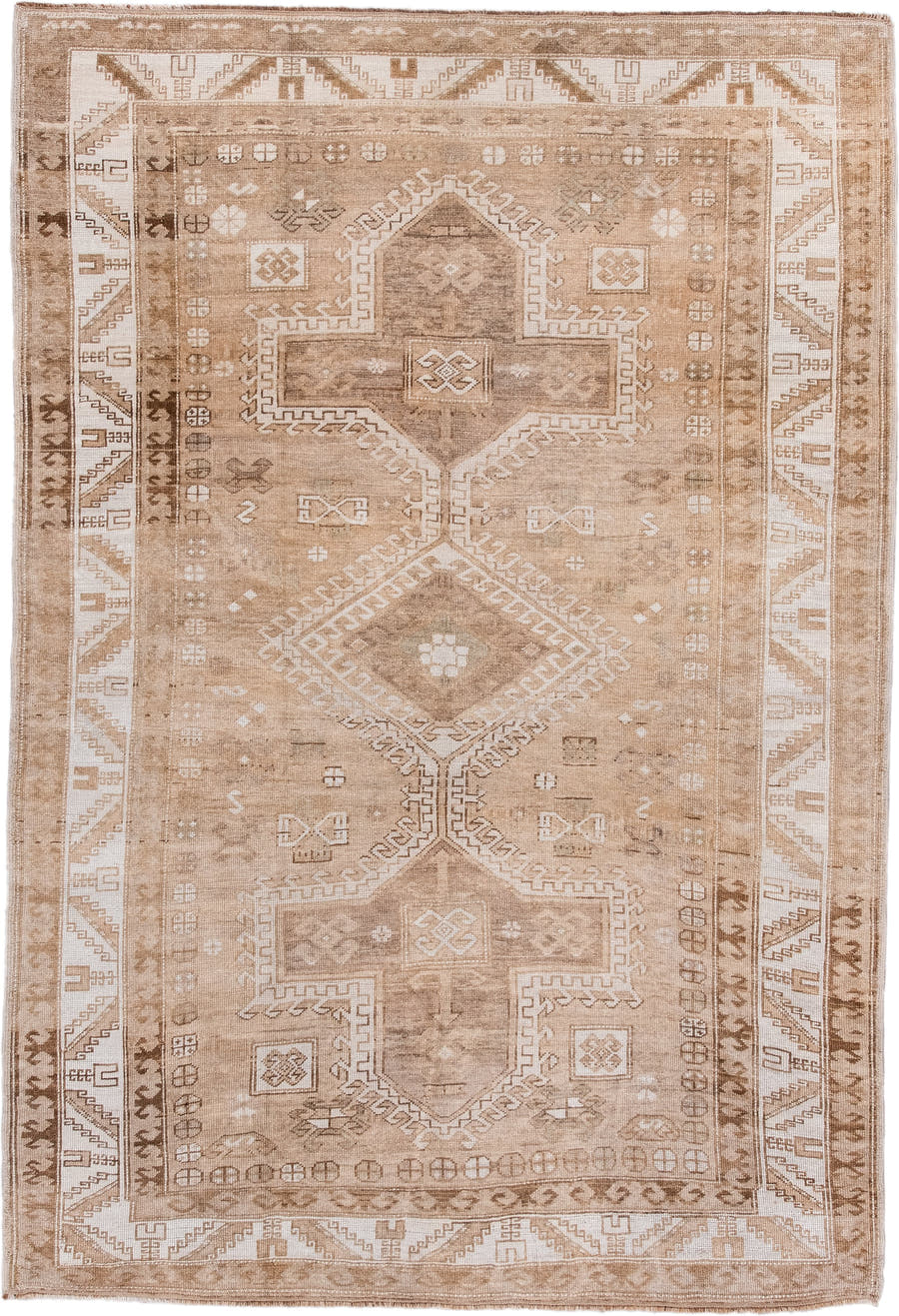 5' x 8' one-of-a-kind handmade antique Kars medium size rug. Color palette: beige, ivory, taupe, camel, sand, brown, gray