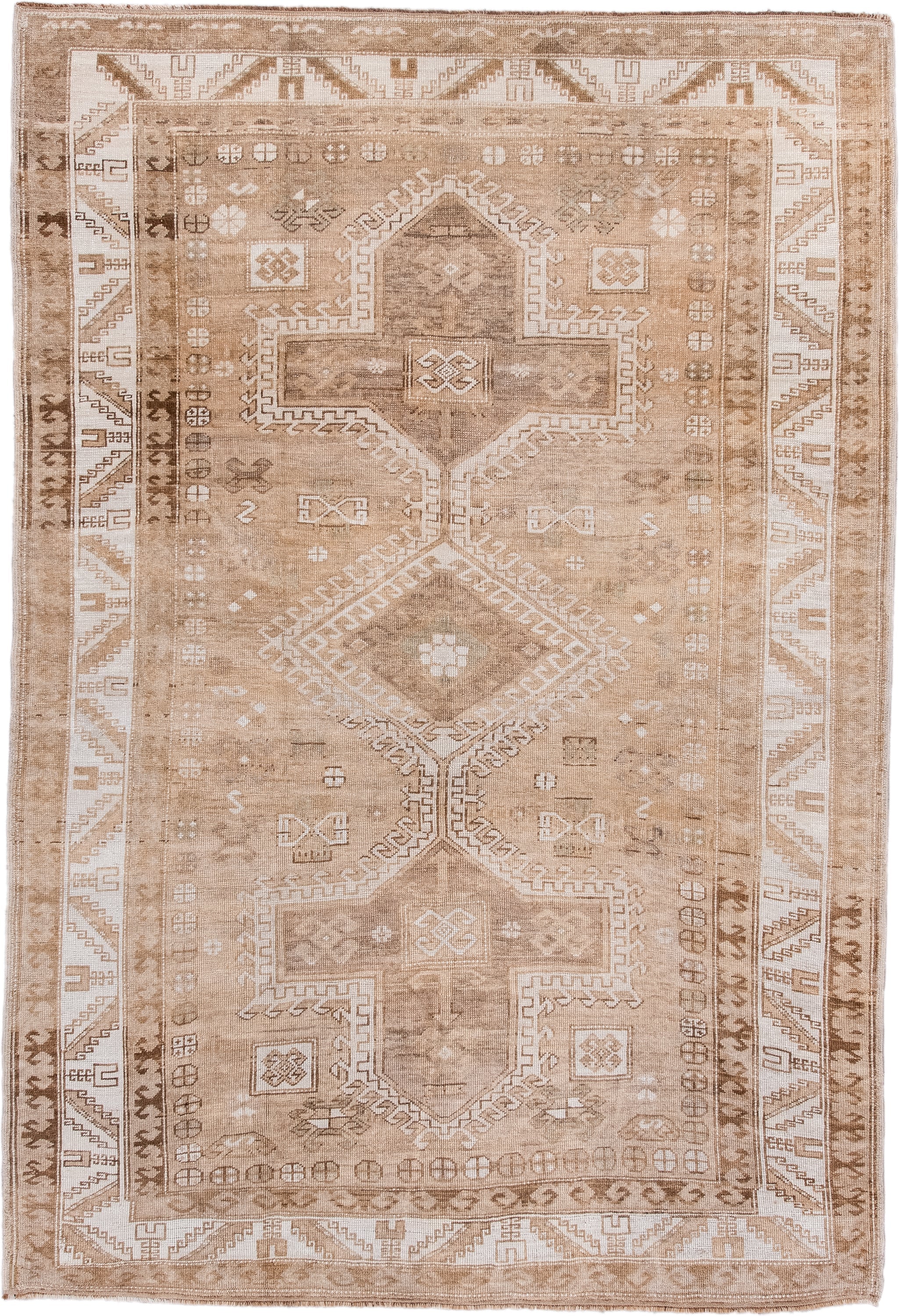 5' x 8' one-of-a-kind handmade antique Kars medium size rug. Color palette: beige, ivory, taupe, camel, sand, brown, gray