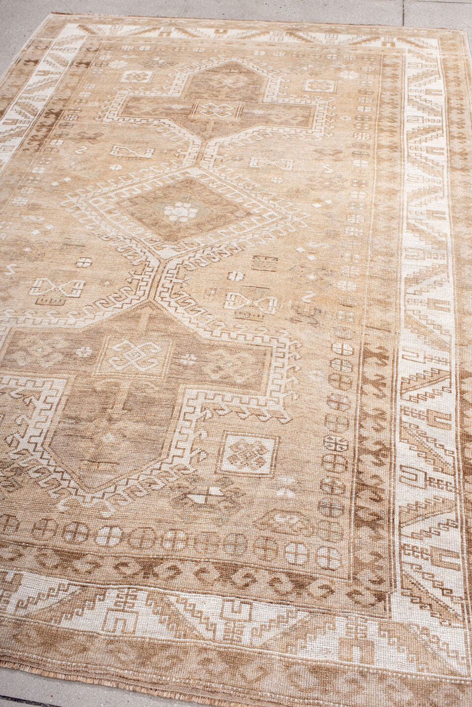 5' x 8' one-of-a-kind handmade antique Kars medium size rug. Color palette: beige, ivory, taupe, camel, sand, brown, gray