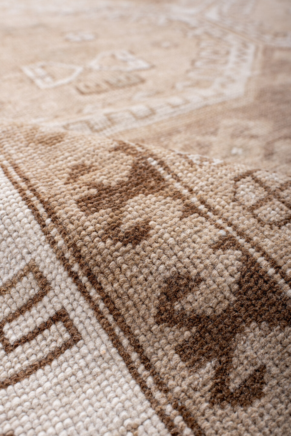 5' x 8' one-of-a-kind handmade antique Kars medium size rug. Color palette: beige, ivory, taupe, camel, sand, brown, gray