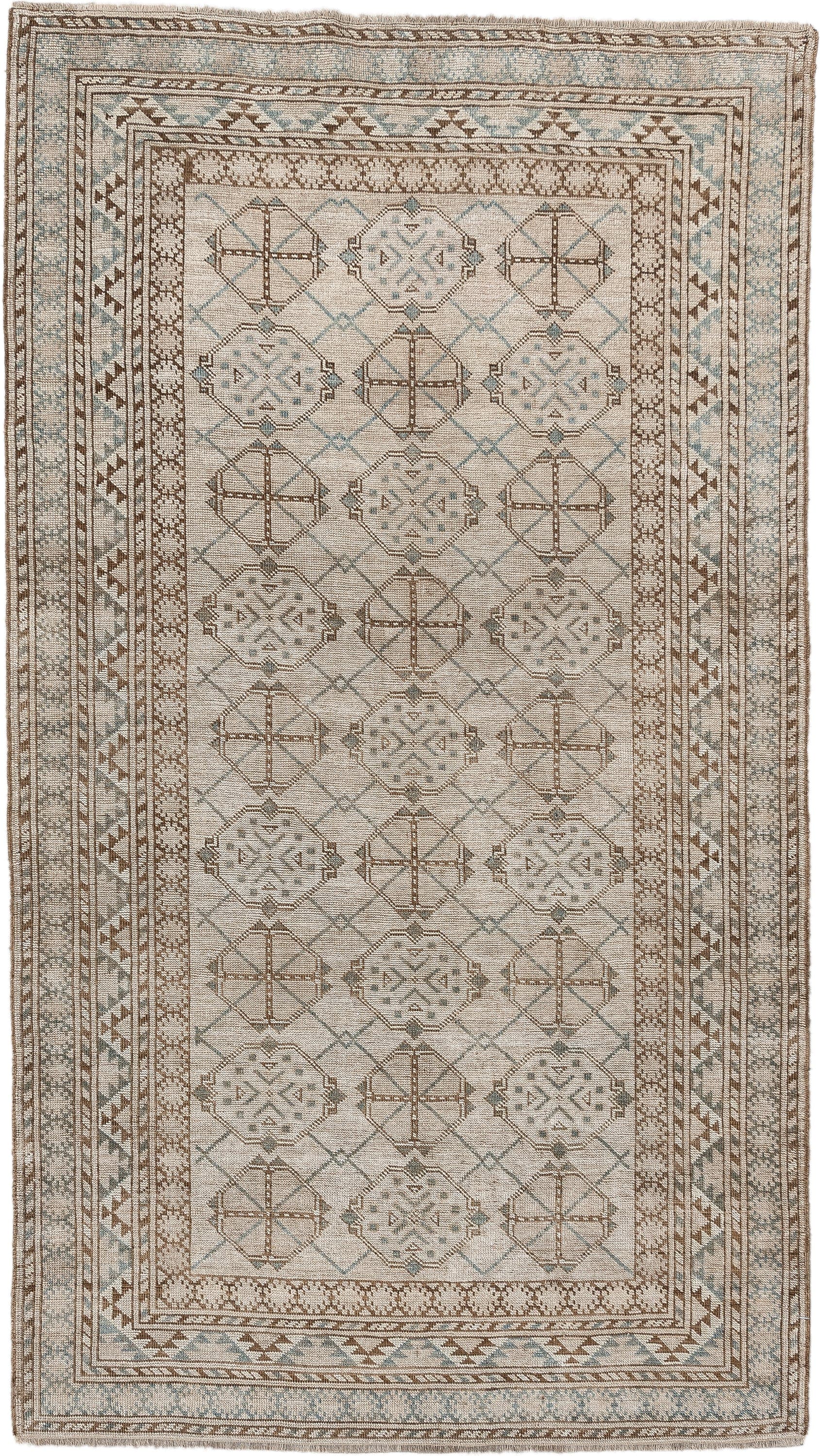 6' x 3' one-of-a-kind handmade antique Afghan rug. Color palette: ivory, taupe, pale blue, beige, camel, light brown, gray