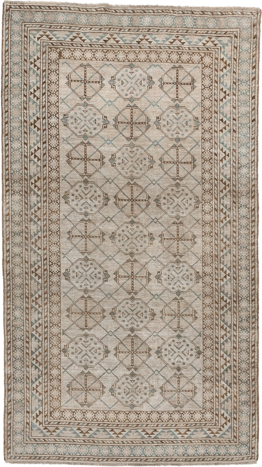6' x 3' one-of-a-kind handmade antique Afghan rug. Color palette: ivory, taupe, pale blue, beige, camel, light brown, gray