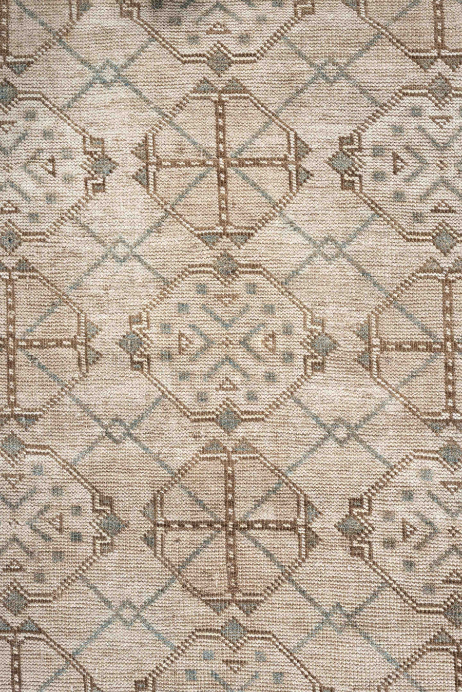 6' x 3' one-of-a-kind handmade antique Afghan rug. Color palette: ivory, taupe, pale blue, beige, camel, light brown, gray