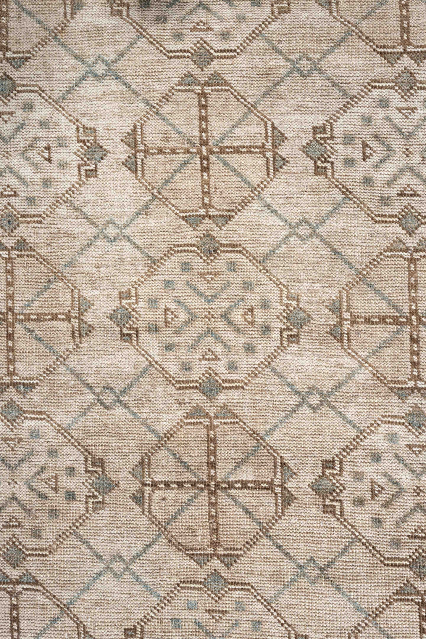 6' x 3' one-of-a-kind handmade antique Afghan rug. Color palette: ivory, taupe, pale blue, beige, camel, light brown, gray