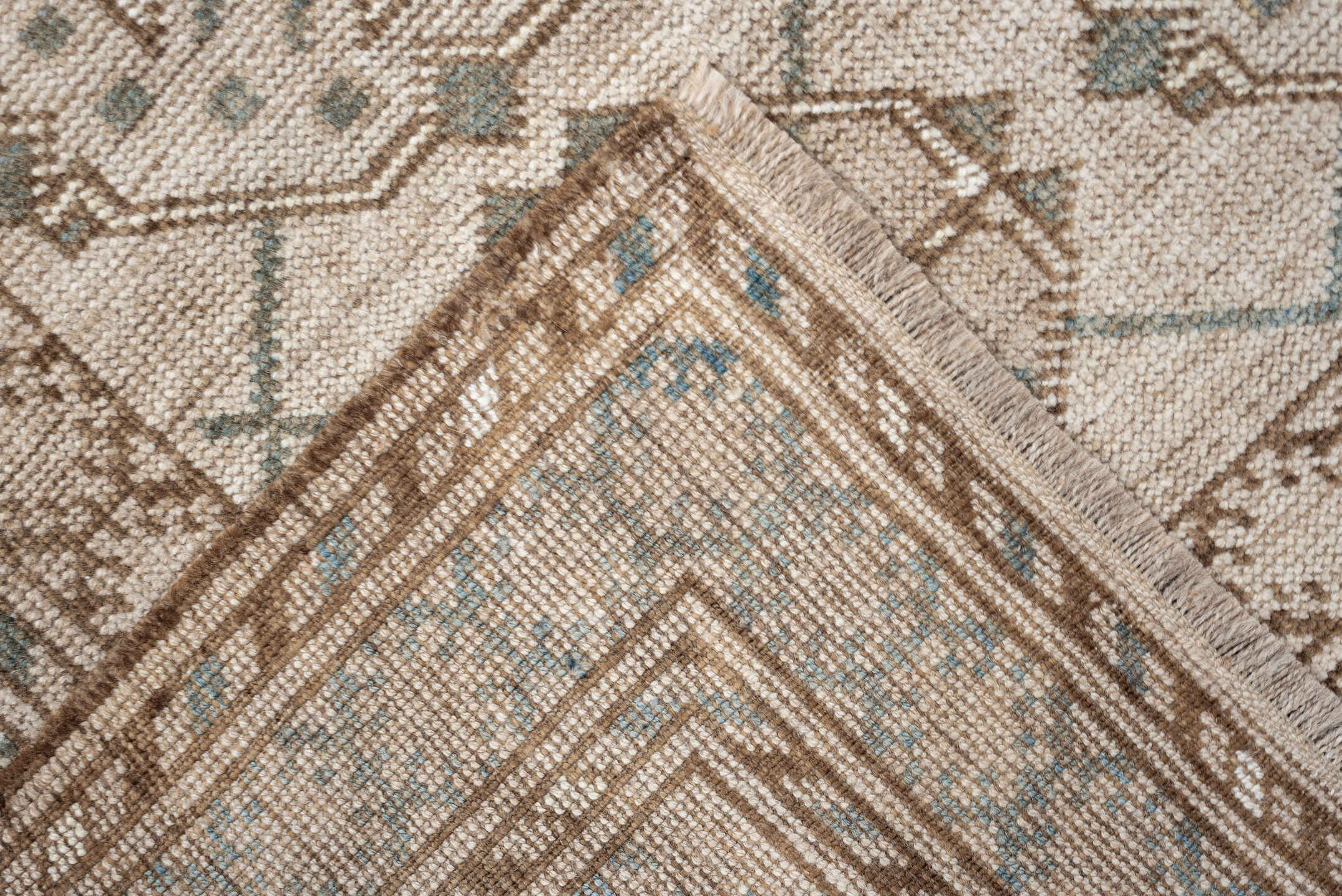 6' x 3' one-of-a-kind handmade antique Afghan rug. Color palette: ivory, taupe, pale blue, beige, camel, light brown, gray