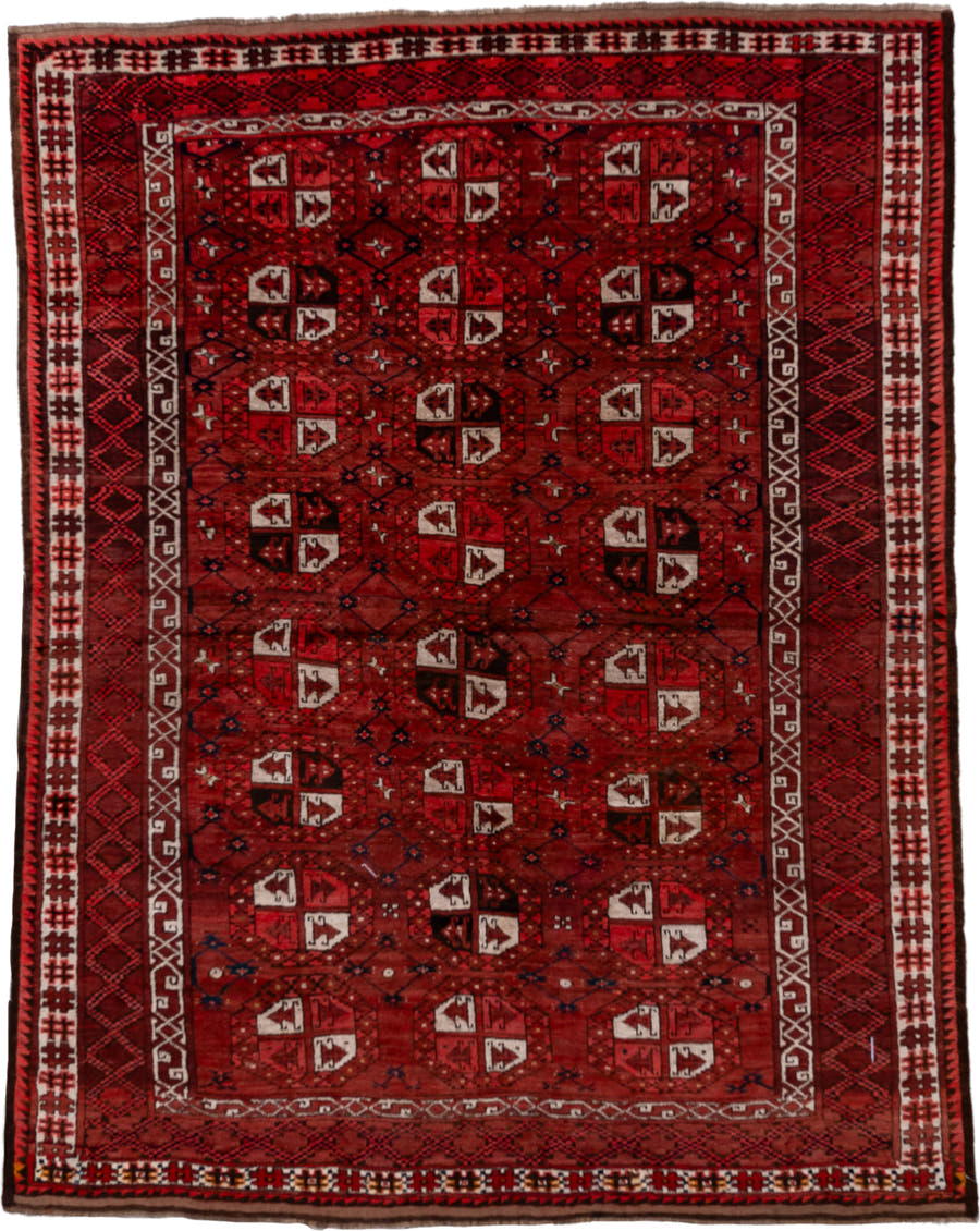 5' x 7' one-of-a-kind handmade vintage Afghan rug. Color palette: red, burgundy, ivory, brown, charcoal, navy, gray, black
