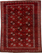 5' x 7' one-of-a-kind handmade vintage Afghan rug. Color palette: red, burgundy, ivory, brown, charcoal, navy, gray, black