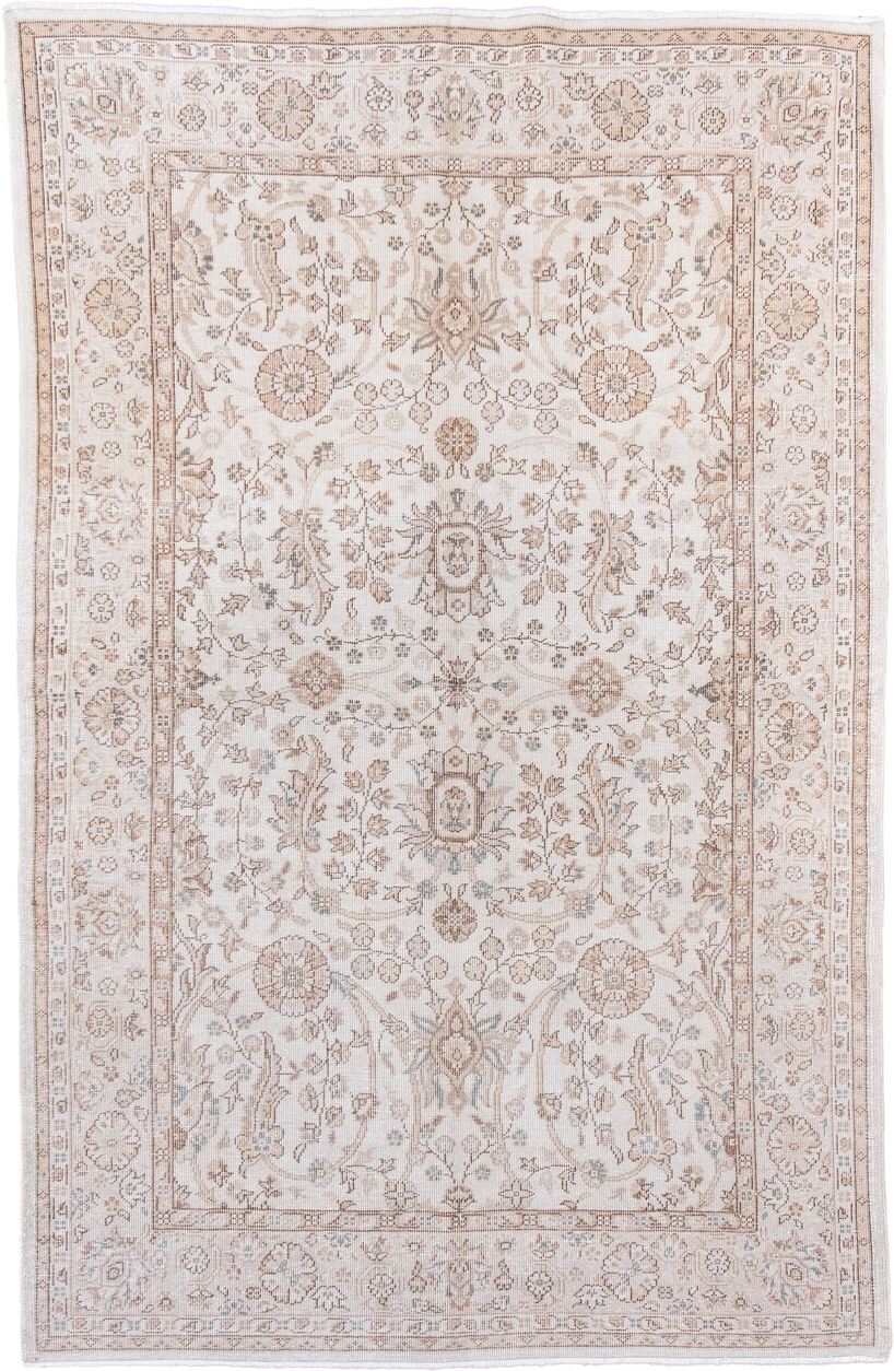 5' x 7' one-of-a-kind handmade antique Sparta rug. Color palette: ivory, beige, taupe, camel, pale blue, sand, gray