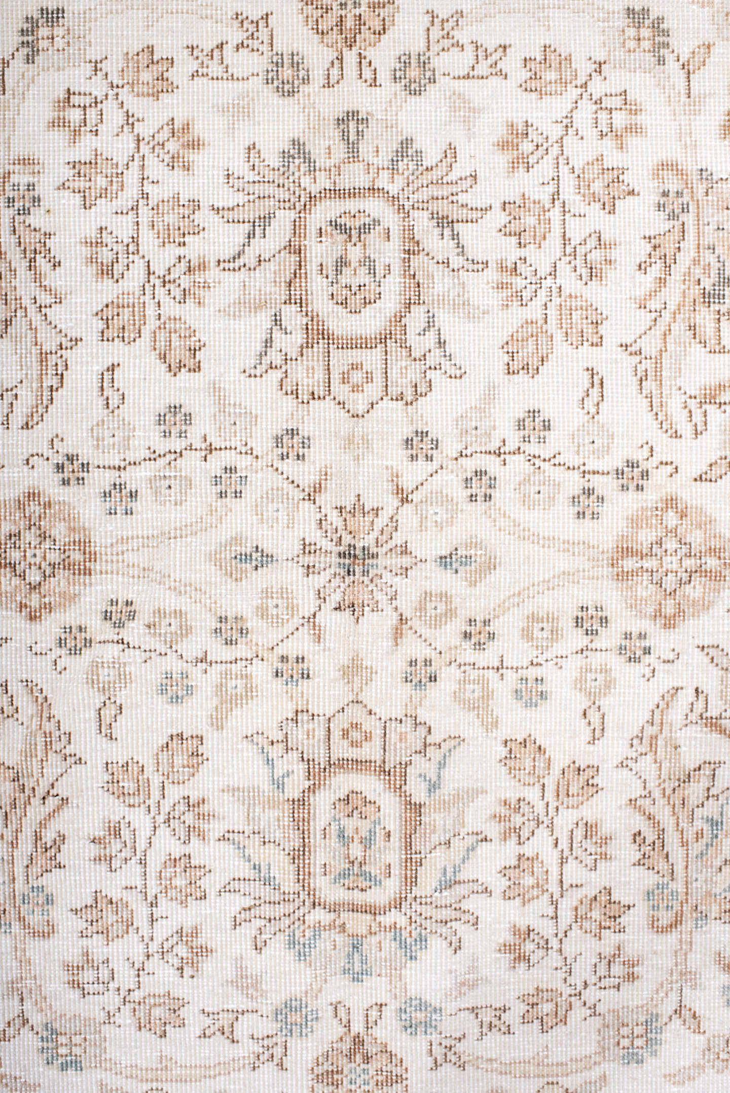 5' x 7' one-of-a-kind handmade antique Sparta rug. Color palette: ivory, beige, taupe, camel, pale blue, sand, gray