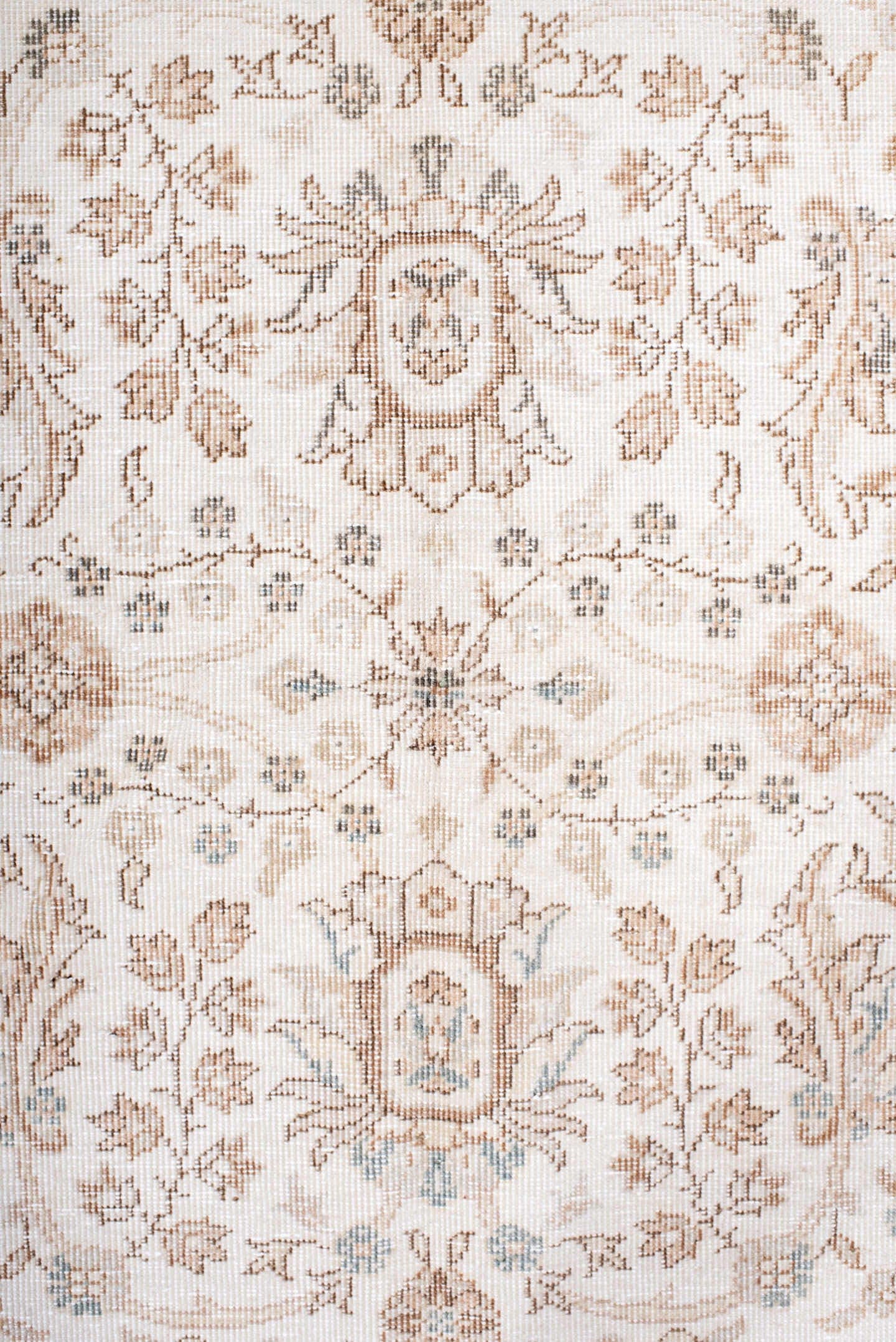5' x 7' one-of-a-kind handmade antique Sparta rug. Color palette: ivory, beige, taupe, camel, pale blue, sand, gray