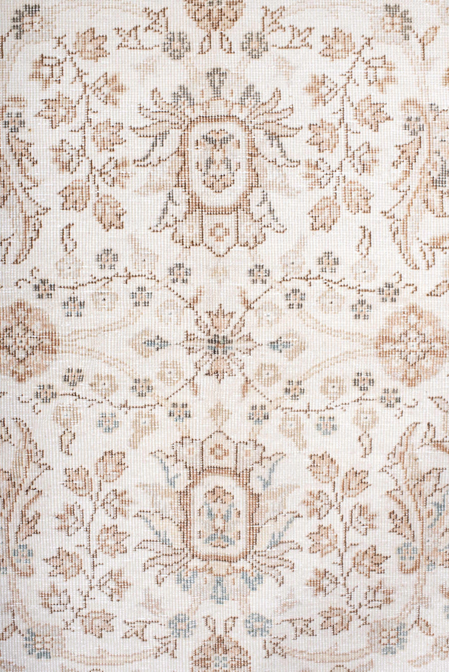 5' x 7' one-of-a-kind handmade antique Sparta rug. Color palette: ivory, beige, taupe, camel, pale blue, sand, gray