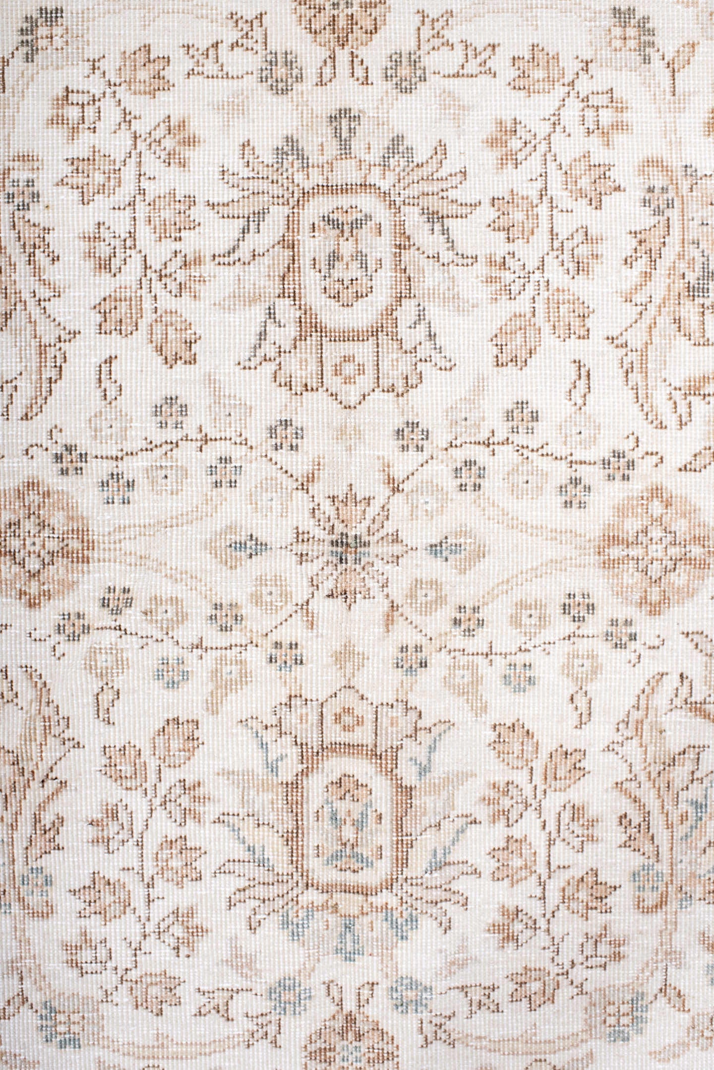 5' x 7' one-of-a-kind handmade antique Sparta rug. Color palette: ivory, beige, taupe, camel, pale blue, sand, gray