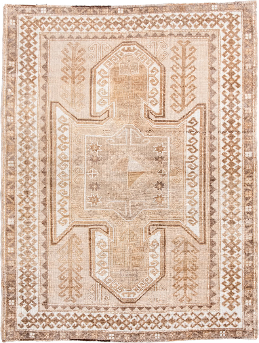 4' x 5' one-of-a-kind handmade antique Kars small size rug. Color palette: ivory, taupe, camel, beige, sand, brown, gray