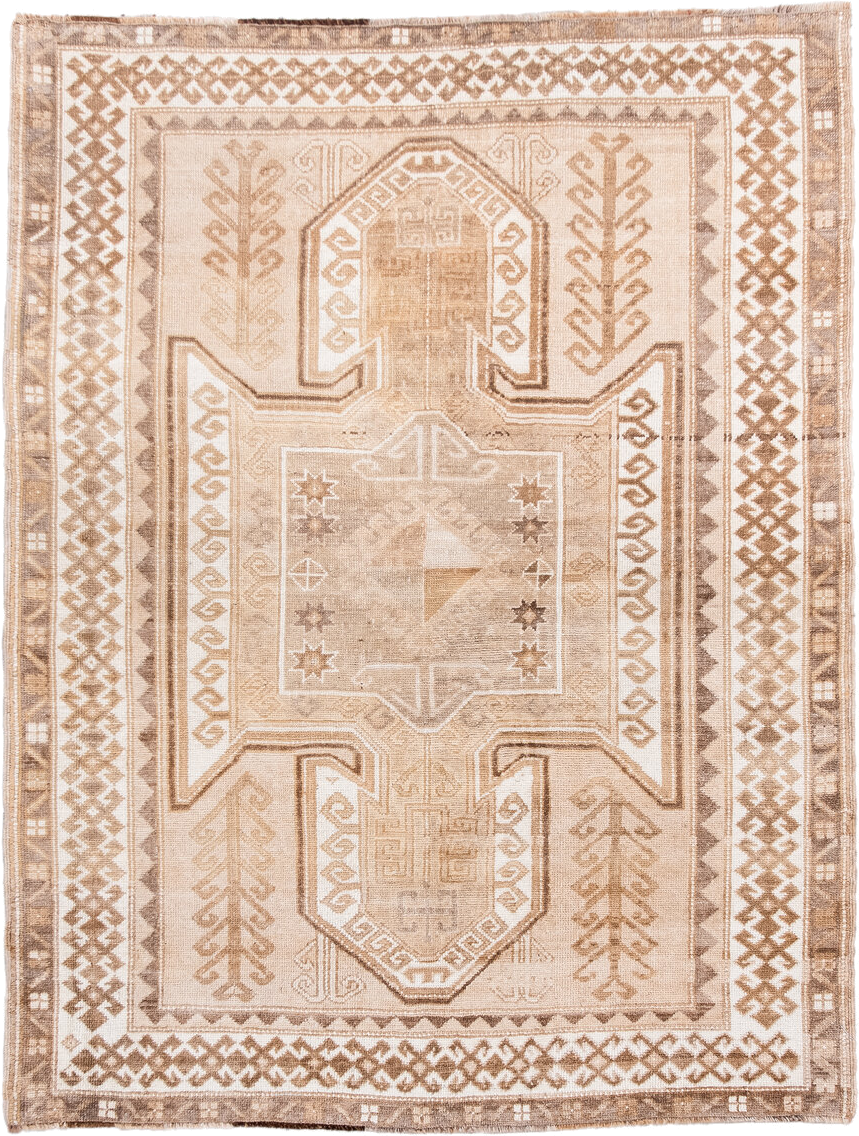 4' x 5' one-of-a-kind handmade antique Kars small size rug. Color palette: ivory, taupe, camel, beige, sand, brown, gray